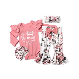 ADIFUN Baby Girl Clothes 6-9 Months Infant Girl Outfits Pink Ruffle Long-Sleeved Romper Floral Flared Pants Head With Cover 4pcs Sets Baby Girl Gifts