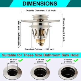 Universal Bathroom Sink Stopper - Bounce Wash Basin Drain Filter, Brushed Nickel Pop Up Drain Stopper, Bullet Core Push Type Sink Stopper, Sink Drain Plug with Anti-Clogging Strainer, for 1.1-1.5 inch