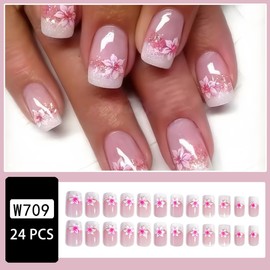 French Tip Press on Nails Short Square Fake Nails Cherry Blossoms Pink Flower Full Cover Tip Glue on Nails Nail Art Supply Reusable Nude Pink False Nails Stick on Nails for Women Manicure Salon 24Pcs