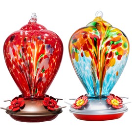 LaElvish Garden 2 Packs Hummingbird Feeder for Outdoors Hanging Ant and Bee Proof, 34OZ Hand Blown Glass Hummingbird Feeders for Outside, Christmas Decoration Gifts for Mom (Blue & Red)