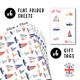 Wrapping Paper Boys - Watercolour Boats - Sailing - 6 Sheets of Gift Wrap for Men, Husband and Boyfriend - Wrapping Paper White - Recyclable - by Central 23