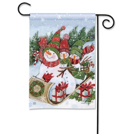 Studio M Double Sided Outdoor Flag Decoration for Landscaping, Gardens, and Yards, Standard 13 x 18 Inch Fade Resistant Solar Silk Polyester Fabric Red Green White Sledding Snowman Family
