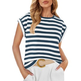 ZESICA Womens Summer Cap Sleeve Crewneck Tops Casual Loose Striped T-Shirts Basic Tees,Dustyblue,Medium