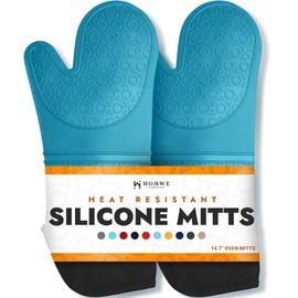BPA-Free Soft Silicone Oven Mitts - Ultra Heat Resistant Oven Mitts with Thick Cotton Liner - Extra Long Slip Resistant Pot Holders, Flexible Oven Gloves - Aqua/Black 14.7"