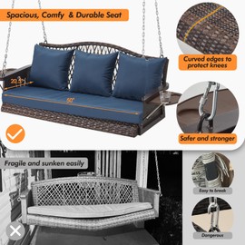 ZZW Upgraded Wicker Hanging Porch Swing Heavy Duty 900 LBS 3-Seat Outdoor Patio Swing Chair Bench for Adult w/ 8.9ft Hanging Chains Cushions and Cup Holder
