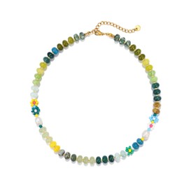 Elegance 11 designs Gemstone Beaded Necklaces For Women Rainbow Natural Stone Boho small flower Vacation Waterproof Lemon Green Trendy Necklaces For Women Gift 16.5 inch