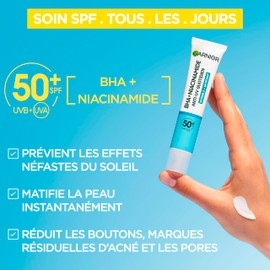 Garnier Invisible + Matt Anti-Impurities Fluid with SPF 50+, for High UV Protection and Mitigation of Impurities, Skin Clear BHA + Niacinamide Daily UV, 40 ml