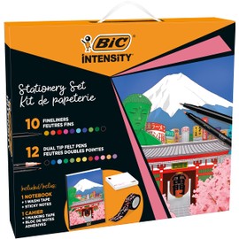 BIC Intensity Pen Set Japan: 10 Fineliners, 12 Dual Tip Brush Pens, 1 Notebook and 1 Sticky Note Pad, Ideal as a Gift