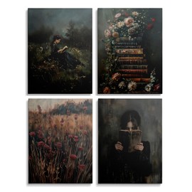 Unframed Dark Academia Victorian Wall Art Set of 4,Vintage Woman Reading Painting Canvas Prints,Floral Bookshelves,Rustic Field & Antique Book DesignsPoster,Perfect for Home,Library, Bedroom,12x16InX4