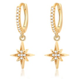 8YEARS 18K Gold Plated Dangle Hoop Earrings for Women, Gold CZ Paved Huggie Hoop Earrings, Gold Dangle Drop Huggie Earrings With Star Moon Teardrop Evil Eye Lightning Charms, Stainless Steel, No
