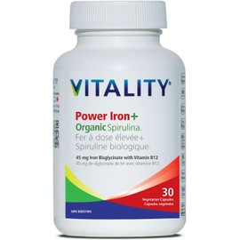 VITALITY Power Iron + Organic Spirulina 30 Veg Capsules (30 Days) - Boosts Energy with Iron Bisglycinate, Vitamin B12, Folic Acid, Vitamin C to Build Blood, Boost Energy