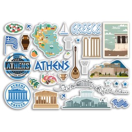 A5 Sticker Sheet Athens Landmarks Vinyl Stickers - Greek Greece Map Airport Stamps Skyline Flag Travel Holiday City Trip Scrapbooking Luggage #79100