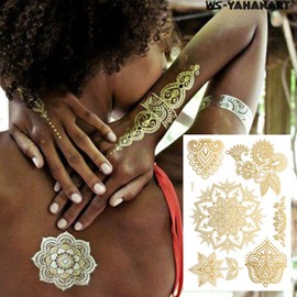 Henna Tattoos, Henna Temporary Tattoos Gold Flower Lace Waterproof Tattoo stickers for Women Wedding Party Festivals, & Parties Decoration Suppliers 6Sheets…