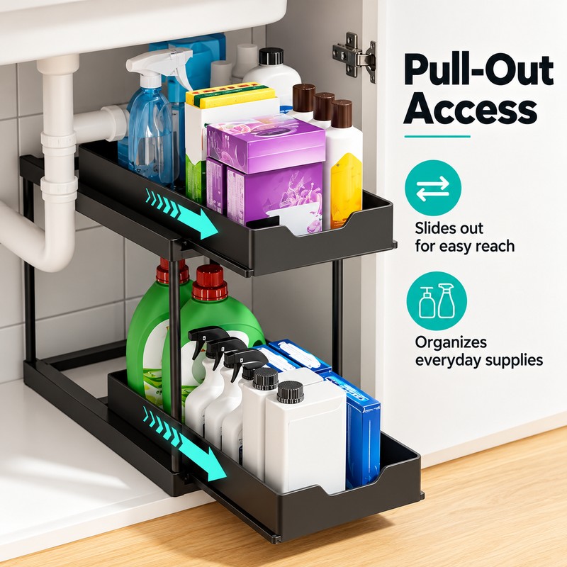2-Tier Pull-Out Under Sink Organizer - Black Sliding Storage Rack