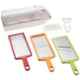 Wahei Freiz ME-7290 Slicer Set, Stainless Steel Slicer, Julienne Slicer, Grater, Safety Holder, Storage Case Included, Vitamin Island
