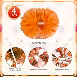 4 Pcs Metallic Cheerleading Pom Poms, 12Inch Cheerleader Pompoms with Baton Handle for Kids Adults School Team Sports Games Dance Cheering (Orange)