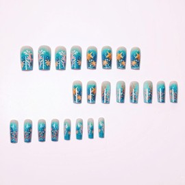 Summer Press on Nails Long Square False Nails Ocean False Nails Starfish Design Glossy Cute Stick on Nail Acrylic Glitter Glue on Nail for Women Beach Style Manicure Accessories 24Pcs