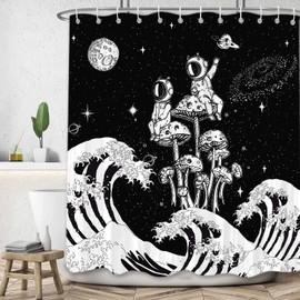 Funny Black and White Wave Shower Curtain for Bathroom, Cool Mushroom Astronaut Space Art Fabric Shower Curtains Set, Unique Japanese Galaxy Novelty Restroom Decor Accessories with Hooks 72X72inches