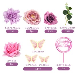 BANBALLON 20 piezas de decoración para tartas de mariposa decoración para tartas de feliz cumpleaños flores rosas y moradas mariposas de eucalipto para fiestas de cumpleaños bodas (rosa morado)