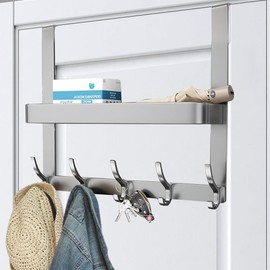 Chris.W Over The Door Hooks - Mesh Basket Over The Door Hanger with 5 Hooks Easy Install, Over The Door Organizer for Hanging Clothes, Keys, Towels, in Bathroom, Bedroom, No Drilling Door Hook