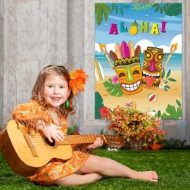 WERNNSAI Pin The Feather on The Tiki Party Games - Hawaiian Luau Party Supplies for Kids Boys 21’’ x 28’’ Aloha Poster with 24 Pcs Stickers for Baby Shower Summer Tropical Beach Pool Activities