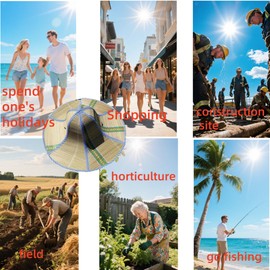 2-PCS Dual-Sided Sun Hat, Straw Front with Waterproof Back, Wide Brim UV Protection, Foldable Summer Beach Hat with Chin Strap, Blue Trim