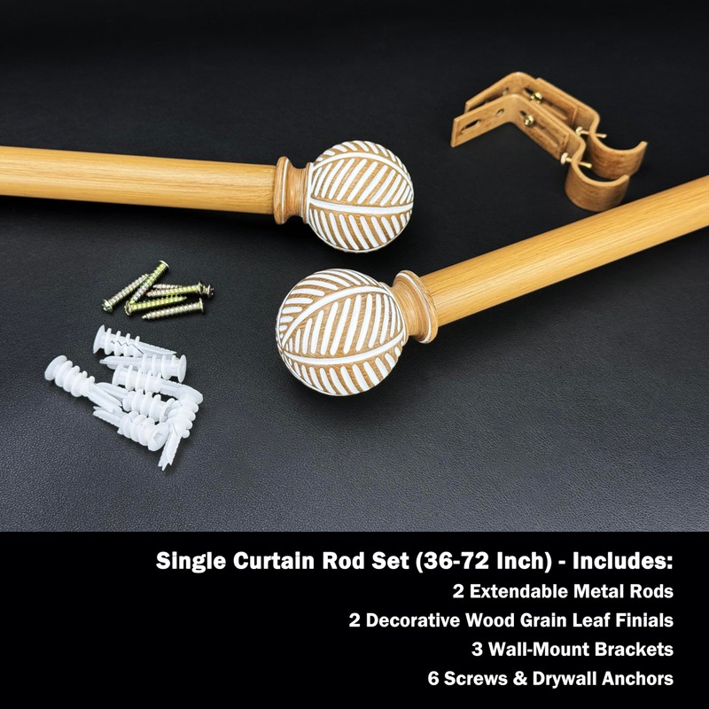 Adjustable 36-72 Inch Faux Wood Curtain Rods, 1 Inch Diameter