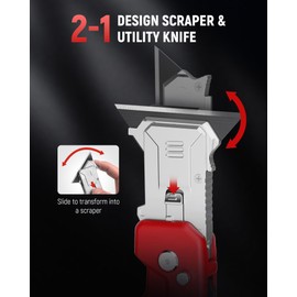 KAIWEETS Utility Knife Scraper, 2-in-1 Folding Box Cutter with Blade Storage, Heavy Duty Zinc Alloy Body, Retractable Design, 12pcs SK2 Black Blades replacement, EDC Tool for Home, Office, DIY– Red