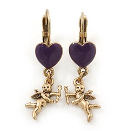 Vintage Inspired Gold Tone Purple Enamel Heart, Angel Drop Earrings With Leverback Closure - 40mm Length