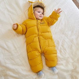Minizone Baby Snowsuit Winter Romper Outfits Boys Girls Cotton Hooded Jumpsuit Warm Long Sleeve Cartoon Rabbit 6-12 Months Light yellow