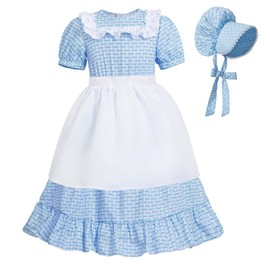 LTAKK Prairie Dresses Girls Pioneer Colonial Costume Girl Pilgrim Dress with Apron and Bonnet, Blue Dots, Small