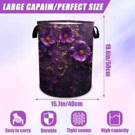 Purple Flowers Laundry Basket Foldable Laundry Hamper Tote Bag Storage Bucket Toy Organizer For Bathroom/Laundry/Bedroom（19.7x15.7inch）