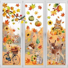 68 PCS Fall Window Clings - Autumn Cute Foxes, Giraffe, Rabbit, Bicycles, Maple Leaves, Pumpkin Decals - Double Sided Animal Stickers for Glass Thanksgiving Decor