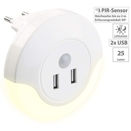 Luminea USB Power Supply: LED Socket Night Light with PIR and Light Sensor, 2x USB (10 Watt) (USB Lamp with Motion Sensor, Automatic Night Light, Motion Switch)