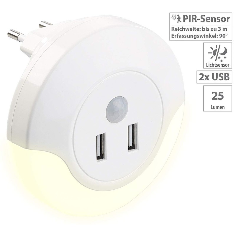Luminea USB Power Supply: LED Socket Night Light with PIR