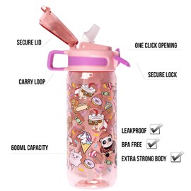 Fringoo - Animal Treats - Kids Water Bottle with Straw - BPA Free Water Bottles - Pink Straw Water Bottle - Reusable Water Bottle - 600 ml / 20 Oz