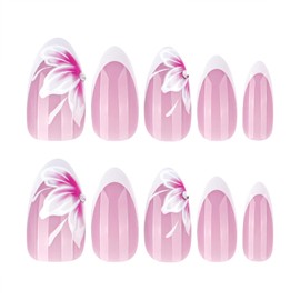White French Tip Press on Nails Short Almond Fake Nails with Flower Rhinestones Design Summer Floral Glue on Nails Reusable Artificial Nails Acrylic Full Cover Stick on Nail for Elegant Women 24 Pcs