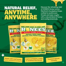 Honees Filled Honey Lemon Cough Drops- Filled with Honey, Menthol, Lemon and Eucalyptus - Nothing Artificial -Natural Sore Throat Lozenges- Non-GMO (1 Pack – 20 Drops)