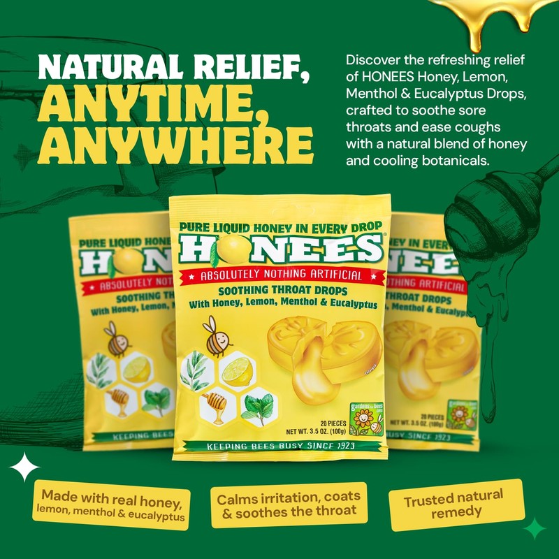 Honees Filled Honey Lemon Cough Drops- Filled with Honey, Menthol,