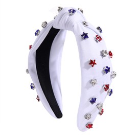 4 th of July Headband for Women American Flag Knottted Headband Red White Blue Crystal Star Charm Headpiece Fourth of July Patriotic Top Knot Wide Hairband Independence Day Party Favor Decor (white knot headband)