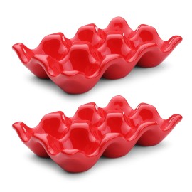Ceramic Egg Tray 6-Cup Egg Holder Container for Fridge (Red, 2 Pack)