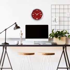 Bernhard Products Metal Wall Clock Modern Silver & Wine 10 Inch Silent Non Ticking, Red Round Elegant Quality Quartz Battery Operated for Home Kitchen Living Room Office, 3D Numbers