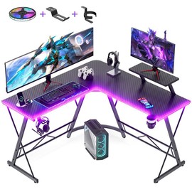 Mr IRONSTONE 【RGB Desk】Mr IRONSTONE Gaming Desk with Led Lights,Corner Computer Desk with Carbon Fiber Surface,L shaped desk, Home Office Desks Writing Workstation with Large Monitor Stand, Easy to Assemble 51 Inch - Type: Updated(Led Lights+Cup Holder+H