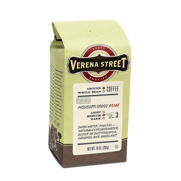 Verena Street 10 Ounce Ground, Swiss Water Process Decaf, Mississippi Grogg Decaffeinated, Medium Roast Rainforest Alliance Certified Arabica Coffee