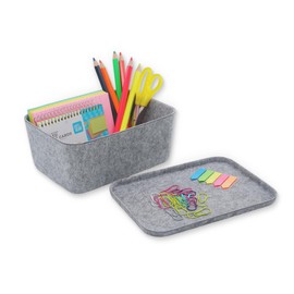 Welaxy Lidded office desk drawer organizer bins Deep draw organiser Felt storage box with lids for office supplies makeup jewelery Back to School decluttering (Gray)