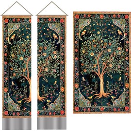 AHANDMAKER 2Pcs Tree of Life Tapestry, Tree and Bird Long Vertical Tapestry Wall Hanging, Tree of Life Tassel Wall Tapestry Mystic Aesthetic Tapestry for Bedroom and Living Room(45.7x13 Inch)