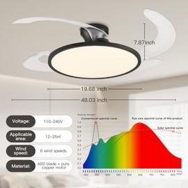 AHAWILL 48 Inch Retractable Ceiling Fan,Low Profile Ceiling Fan with Light and Remote,Modern Black Fan with Retractable Blades for Dinning Room Living Room Bedroom,Dimmable,Timer Setting