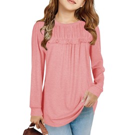 Girls' T-shirts, tunic, ruffles, long-sleeved shirts, leisure, loose tops, cute children's soft blouse, pink