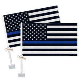 RaymNord 2 PCS America Blue Line Black Car Flag,USA American Honoring Police Law Forcement Decor,US Two Layer Digital Printed 150D Banner for Car Vechile Truck