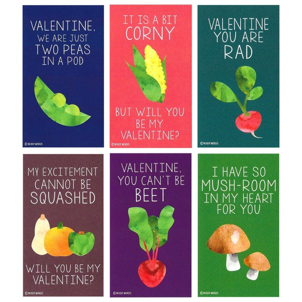 Mini Vegetable Valentines (Wallet-Sized Cards with Tiny Envelopes) for Valentine's Day by Nerdy Words (Set of 36)